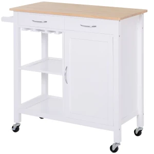 HOMCOM Kitchen Storage Trolley Cart Cupboard Rolling Wheels Shelves Cabinet Island W/ Drawers Towel Rail Wine Glass Rack Pine Wood Worktop  White