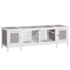 PawHut Kleintierstall Kleintierkäfig mit Bodenwanne Kleintierhaus mit Laufbox Stall Tannenholz Outdoor Weiß+Grau 161 x 50,5 x 53,3 cm