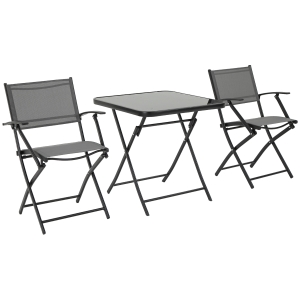 Outsunny Set Masa cu 2 Scaune de Gradina Pliabile, din Sticla Securizata si Metal, Gri