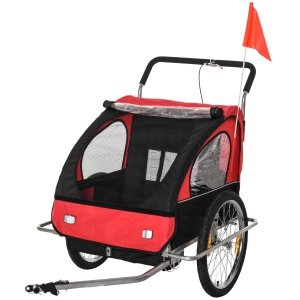 HOMCOM kinderaanhanger fietskar kinderfietskar voor 2 kinderen met vlag regenbescherming ademend rood-zwart staal 142 x 85 x 105 cm