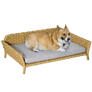 PawHut rotan hondenbank hondenmand gevlochten huisdierenbank inclusief kussen voor kleine en middelgrote honden PE rotan geel 84 x 53 x 25 cm
