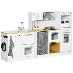 HOMCOM Cocina de Juguete de Madera 2 Piezas para Niños de +3 Años Cocinita de Juguete con Luz Sonidos y Taburete Blanco