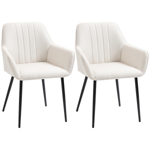 HOMCOM Chaises de Salle à Manger Chaises de Visiteur Design scandinave - Lot de 2 chaises - Pieds effilés métal Noir - Assise Dossier accoudoirs ergonomiques Lin Beige