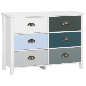 HOMCOM Commode 6 tiroirs meuble de rangament console d'entrée avec poignée coquille en MDF blanc et multicolores - dim. 83,2L x 30l x 61H cm