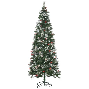 HOMCOM 7 Foot Snow Dipped Artificial Christmas Tree Slim Pencil Xmas Tree with 738 Realistic Branches, Pine Cones, Red Berries, Auto Open, Green