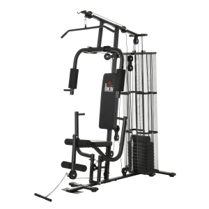 HOMCOM Station de musculation entrainement complet développé couché butterfly barre latissimus curler bande résistance 10 contrepoids 45 kg avec filet de protection acier noir