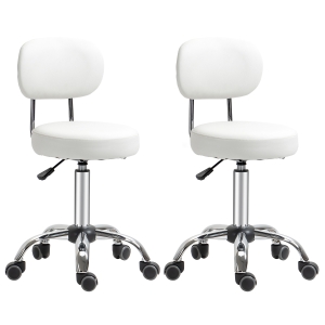 HOMCOM 2er-Set Arbeitshocker mit Rückenlehne höhenverstellbar 77-92 cm mit Rollen für Kosmetikstudios Friseursalons Kunstleder Weiß 48 x 48 x 77-92 cm