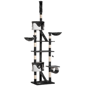 PawHut Tiragraffi a Soffitto Multilivello 240-260cm, Cucce, Scale, Corde Sisal