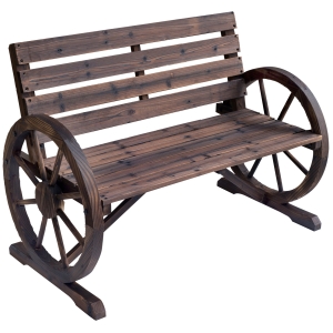 Outsunny Wooden Cart Wagon Wheel 2 Seater Garden Bench Outdoor Garden Armrest Chair Rustic High Back Loveseat