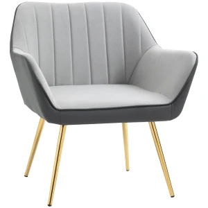 HOMCOM Velvet Accent Chair, Modern Armchair with Gold Steel Legs for Lounge and Bedroom, Light Grey