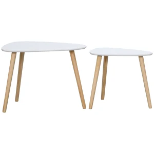 HOMCOM Set of 2 Modern Triangular Nesting Side Tables, End Tables with Solid Wood Legs for Living Room, Bedroom, White
