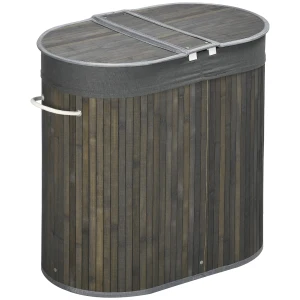 HOMCOM Bamboo Laundry Hamper 100L with Lid, Dual Compartment Clothes Basket with Removable Liner, Grey
