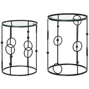 HOMCOM Set de 2 masute de cafea stivuibile din metal si sticla securizata Ø41x57cm si Ø36x51cm, negru