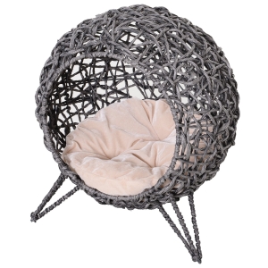 PawHut Katzenhaus aus Rattan mit Kissen Katzenschlafplatz Katzenhöhle mit erhöhten Füßen Silbergrau Ø52 x 58 cm