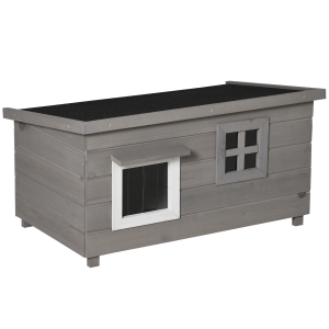 PawHut Katzenhaus Katzenhütte mit Asphaltdach Katzenhöhle Kleintierhaus mit Fenster für Katzen Hunde Outdoor Winterfest Tannenholz Grau Schwarz 87 x 52 x 48 cm
