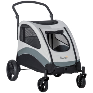 PawHut Carucior pentru caini de talie medie cu 4 roti, geanta de depozitare si fereastra plasa, otel si tesatura Oxford, 107x72x102cm, gri