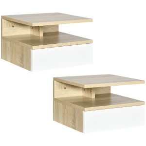 HOMCOM Lot de 2 Tables de Chevet murales - Lot de 2 Tables de Nuit - tiroir Coulissant, Niche, Plateau - Panneaux Particules Aspect chêne Clair et Blanc