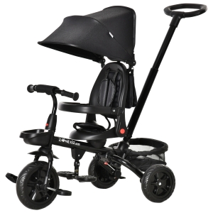 HOMCOM Dreirad mit Schubstange drehbarer Sitz 4-in-1 Kinderdreirad Kinder Fahrrad klappbar abnehmbar Kinderauto Metall EVA Schwarz 111,5 x 52 x 98 cm