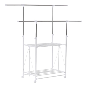 HOMCOM Porte-vêtements multifonctionnel porte-manteaux pliable à deux pôles avec 2 étagères hauteur et largeur réglables 4 roulettes grand rangement 88-157 x 50 x 95-160 cm blanc