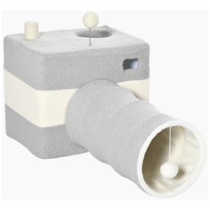 PawHut Túnel para Gatos com Caverna Túnel para Animais de Estimação com Orifício Superior e Bola Suspensa 48x95x58cm Cinza