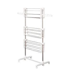 HOMCOM Estendal para Roupa Dobrável 80x55x152cm com 6 Rodas e 3 Prateleiras com Altura Ajustável de Aço Inoxidável Prateado