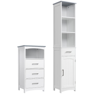 kleankin Set Mobiletto e Colonna Bagno in MDF con Scaffali e Cassetti, Bianco