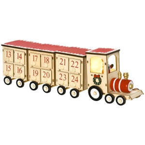HOMCOM Calendario Avvento di Natale a forma di Treno con Babbo Natale e Luce LED Inclusa, in Compensato, 40x8x11 cm