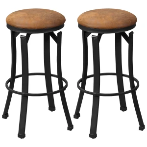 HOMCOM Set of 2 Bar Chairs, Microfiber Cloth, Breakfast Stools with Footrest, Vintage, Powder-coated Steel Legs, Brown
