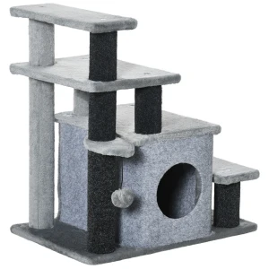 PawHut Cat Stairs with Adjustable Height, Detachable Cover, Pet Steps for Bed or Sofa, 3/4-Step with Hanging Toy, Grey