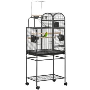 PawHut Jaula para Pájaros Pajarera Metálica con Soporte con Ruedas y Estante para Canarios Periquitos 61x43x163 cm Negro