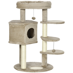 PawHut Árvore Arranhador para Gatos com Cama Caverna 3 Escadas Bolas Suspensas e Postes de Sisal 55x55x94cm Marrom e Creme