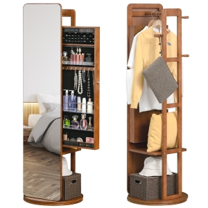 HOMCOM Full Length Mirror with Jewelry Cabinet, Hanging Cloth Bar, Coat Rack, 360° Rotate Floor Mirror for Bedroom, Living Room, Light Walnut