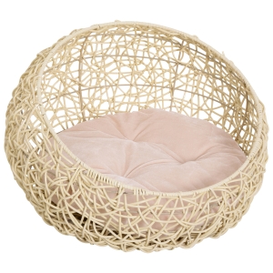 PawHut Hooded Rattan Wicker Cat House W/ Mat Kitten Pussy Basket Bed