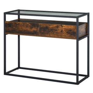 HOMCOM Console Table, Industrial Hallway Table with 2 Drawers, Tempered Glass Top, Open Shelf and Steel Frame, Sofa Table for Living Room, Entryway, Rustic Brown