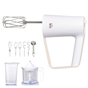 HOMCOM Five-In-One Hand Mixer 500W Electric Whisk Five Speed w/ Stainless Steel Dough Hook Beater Blender Chopper for Kitchen Baking - White