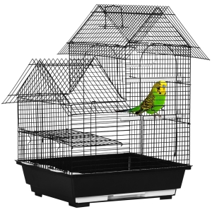 PawHut Cage à oiseaux design maison mangeoires perchoirs balançoire 2 portes plateau excrément amovible + poignée transport métal noir