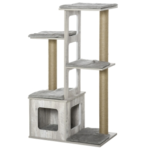 PawHut 114cm Wooden Cat Tree Condo Jute Scratching Post Cat Tower Kitten Activity Center Grey