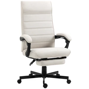 Vinsetto High-Back Linen Office Chair, Swivel Recliner with Adjustable Height, Footrest, Padded Armrest, Cream White