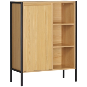 kleankin Armario Auxiliar de Baño con 1 Puerta y 3 Estantes Abiertos Mueble de Estilo Industrial 60x28x80 cm Roble