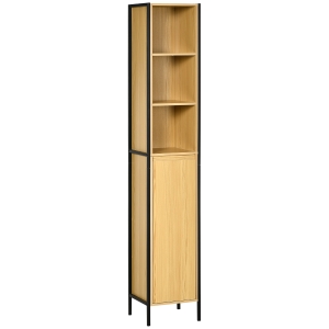 kleankin Columna de Baño con 1 Puerta y 3 Estantes Abiertos Mueble Auxiliar de Estilo Industrial 30x28x168 cm Roble