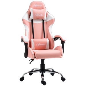 Vinsetto Silla Gaming Ergonómica Silla de Escritorio Reclinable 135° Reposacabezas y Cojín Lumbar 63x67x122-130 cm Rosa