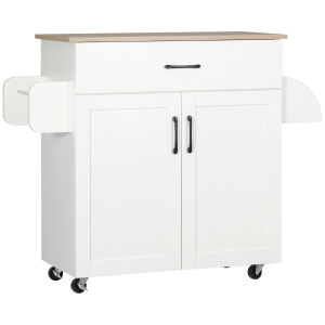 HOMCOM Dessert îlot de cuisine multi-rangements 1 tiroirs 1 placard 2 portes avec étagère réglable porte-torchons et porte-épices - MDF blanc