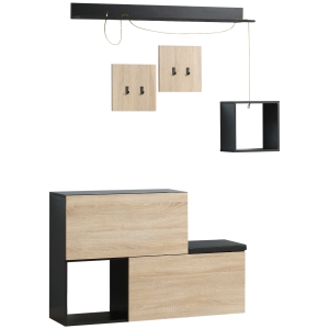 HOMCOM Ensemble de meuble d'entrée avec banc à chaussures, meuble à chaussures, 4 patères et étagère pour l'entrée, noir et naturel