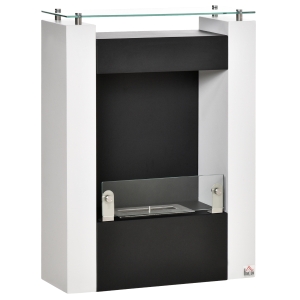 HOMCOM Ethanol-Kamin Bio-Ethanol-Brenner 2000W 1,5L 3 Std. Brenndauer kein Rauch frei stehend Stahl Edelstahl gehärtetes Glas Weiß+Schwarz 60 x 20 x 79 cm