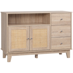HOMCOM Buffet de cuisine meuble de rangement avec 2 portes rotin aspect cannage 3 tiroirs et grande niche - 110 x 40 x 76 cm