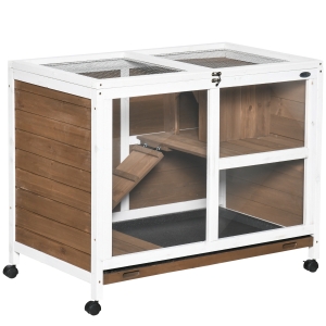 PawHut Conejera de Madera con Ruedas 91,5x53,5x73 cm Jaula para Conejos de 2 Niveles con Techo Abatible Marrón