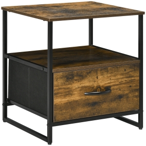 HOMCOM Mesita de Noche con 1 Cajón de Tela Plegable Mesa Auxiliar para Oficina Estudio 45x40x50,5 cm Marrón Rústico