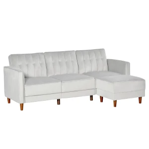 HOMCOM Corner Sofa Bed Reversible 3-Seater Sectional Sofa Set Velvet-Touch Sleeper Futon with Footstool, Light Grey