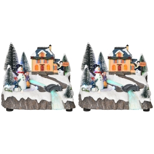HOMCOM Set con 2 Villaggi di Natale con Luci LED, 8 Musiche e Pattinatori in Movimento, 18.5x16x15cm