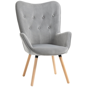 HOMCOM Poltrona Estofada em Veludo com Encosto Alto Apoio para os Braços e Pés de Madeira de Faia 68x75,5x104,5cm Cinza
